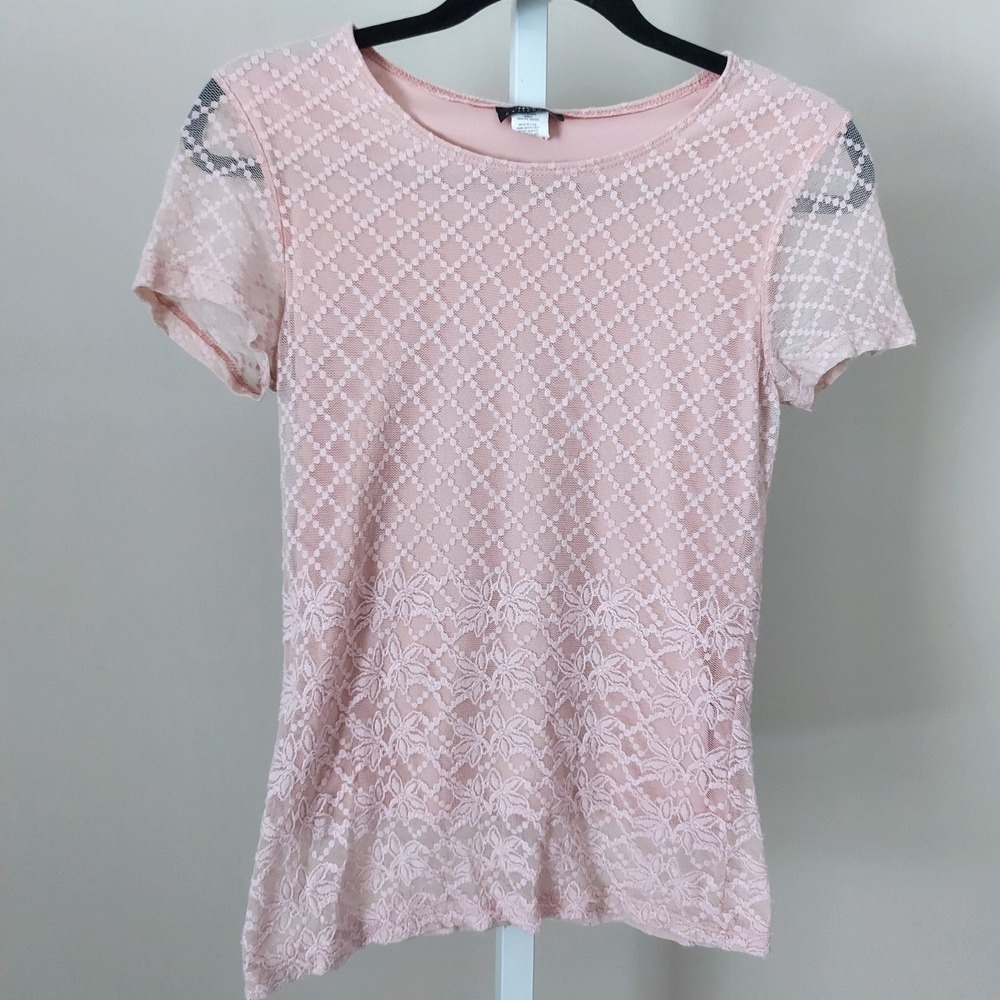 Vtg MDS California Pink Floral Lace Short Sleeve Scoop Neck Lined Top S Coquette